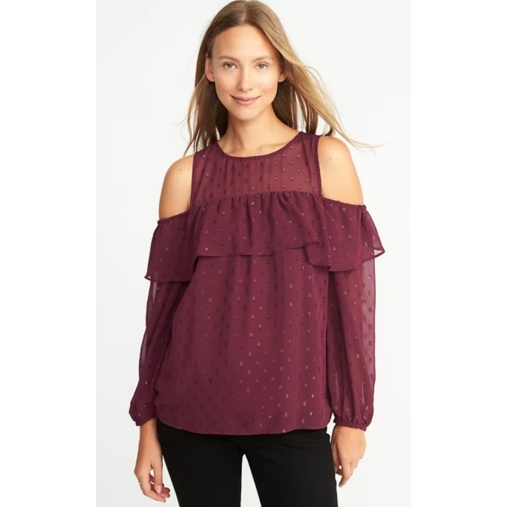 Old Navy Burgundy Cold Shoulder Ruffle Top